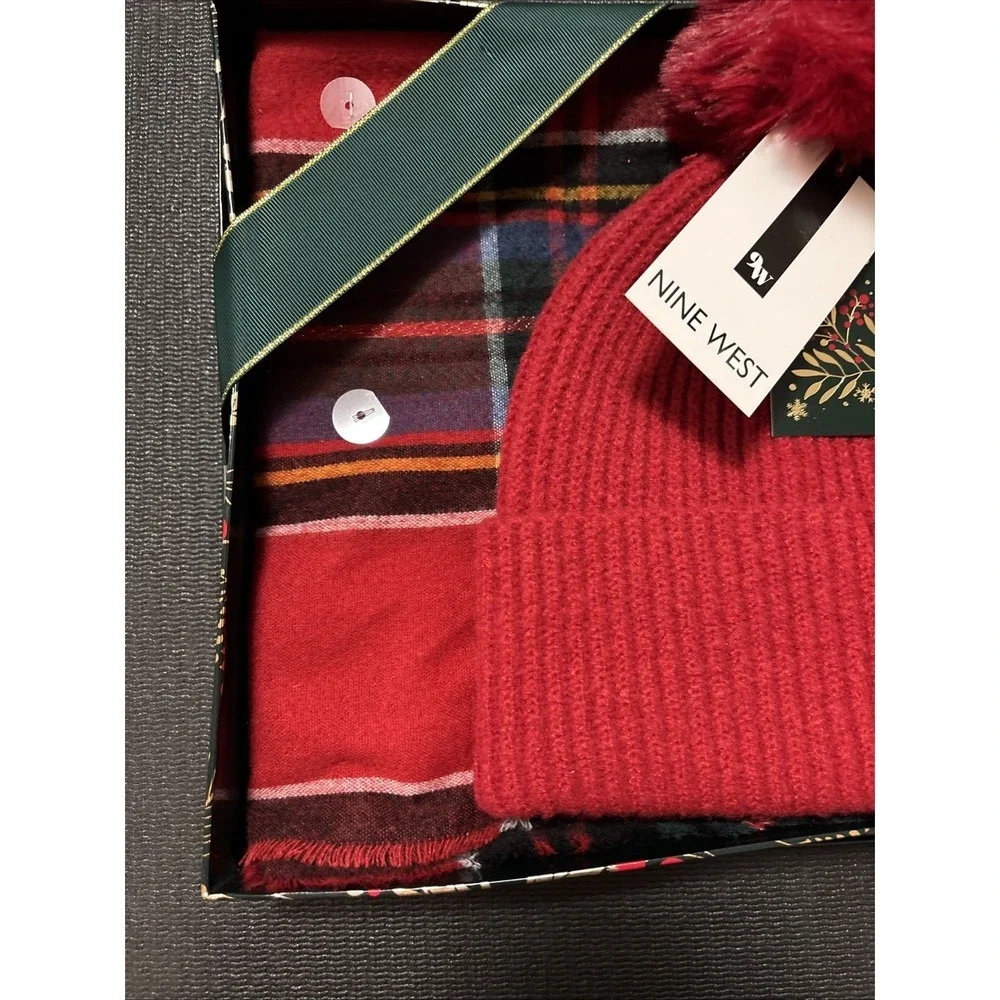 Nine West Scarf And Faux Fur Pom Beanie Set, Brand New In Box, Red Plaid Winter
